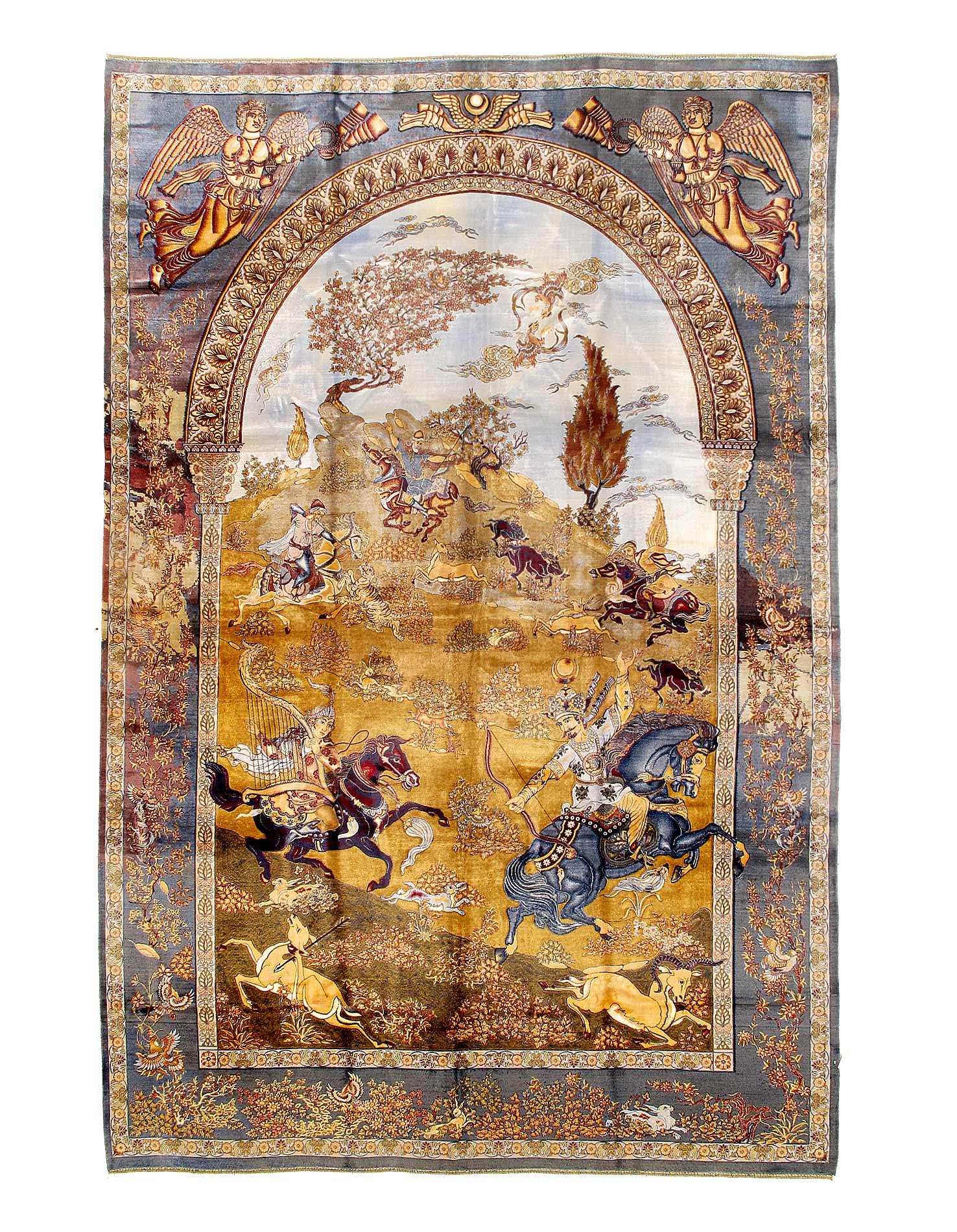 Persian Hunting Scene  Silk Qum Design 6'7'' X 9'11''
