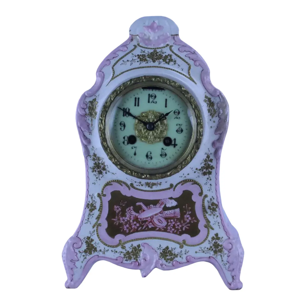 Pink Vintage Porcelain Mantle Shelf Clock Floral Design