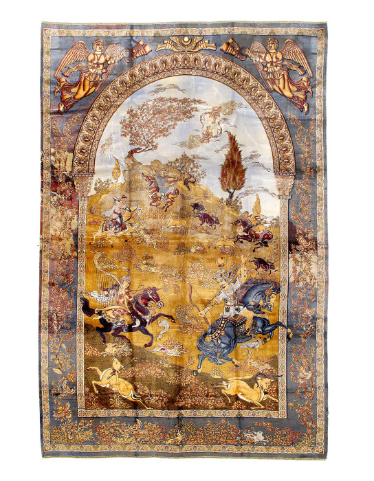 Persian Hunting Scene  Silk Qum Design 6'7'' X 9'11''